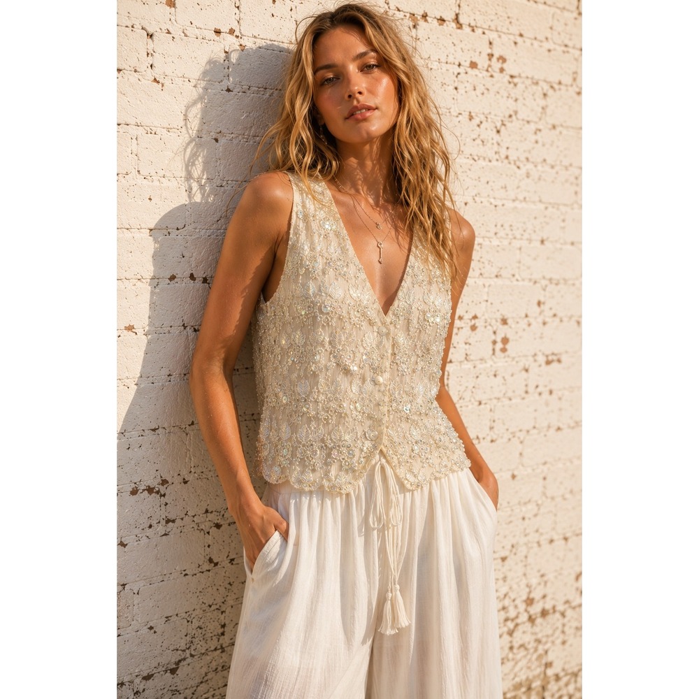 Vintage Charity Cream Rayon Beaded Sequin Vest Boho‎ Fairycore Size L